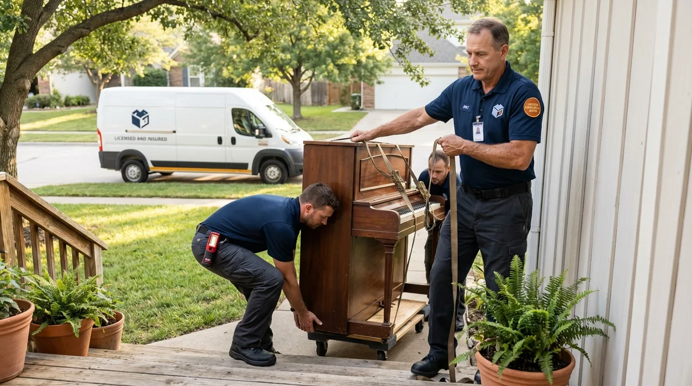 Licensed piano movers securing grand piano in Lordsburg, NM