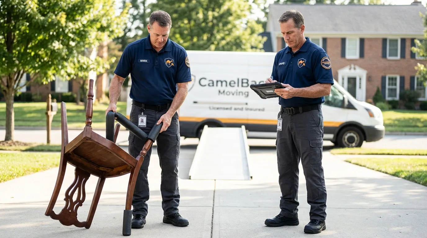Movers inspecting furniture for damage prevention before loading in Lordsburg, NM