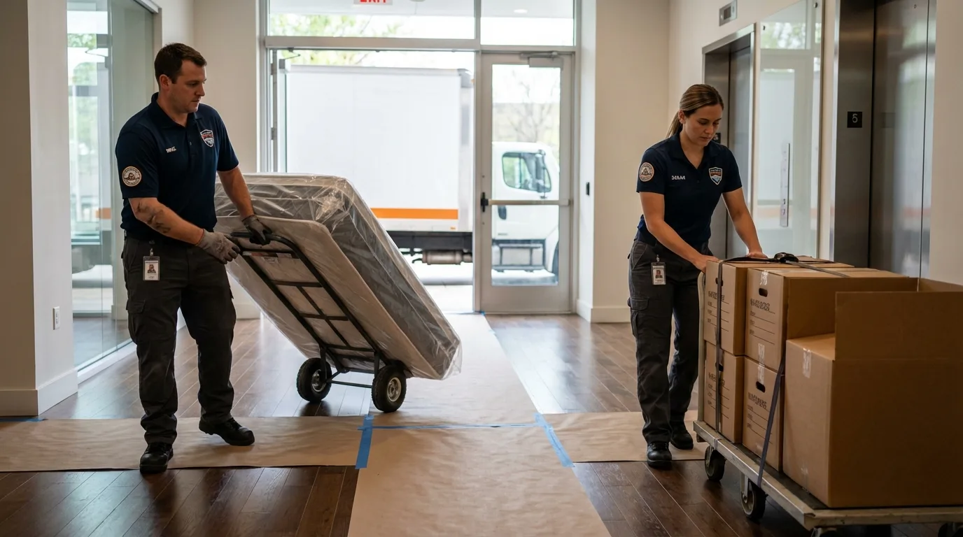 Professional apartment movers loading elevator in Lordsburg, NM