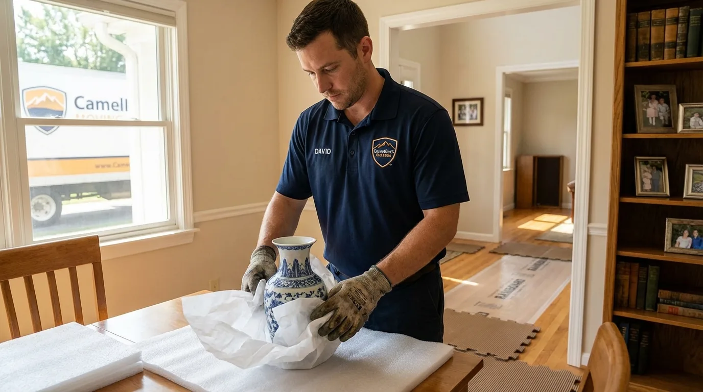 Professional crew carefully wrapping antique vase for senior downsizing move in Lordsburg, NM